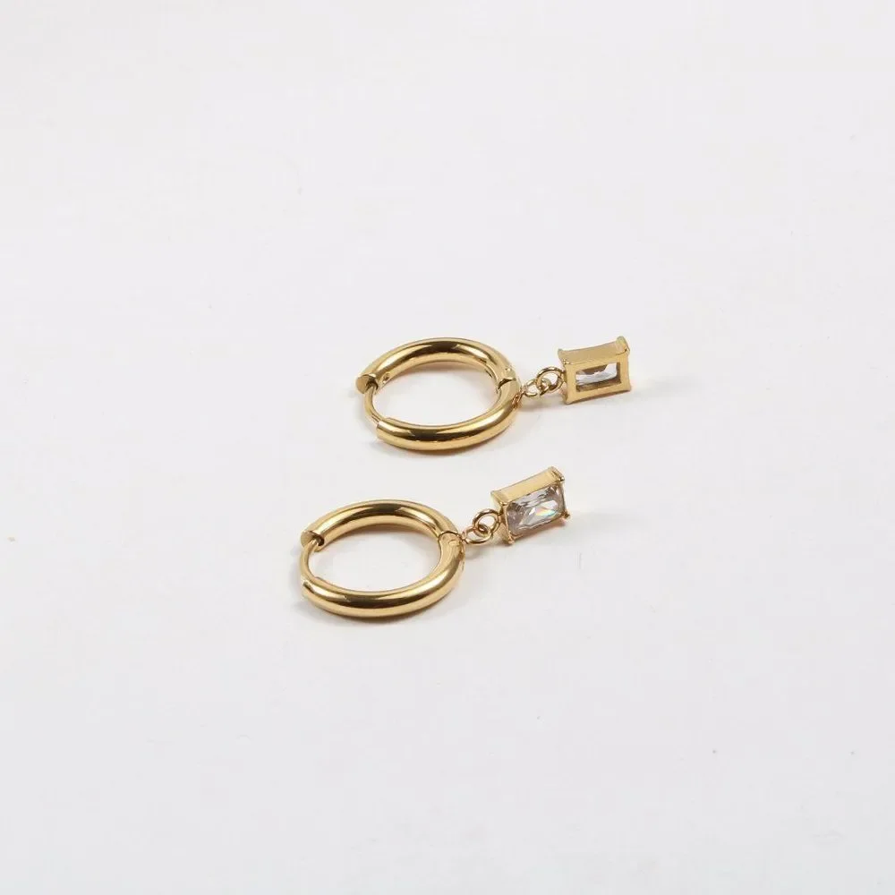 Real 18K Gold Plated Stainless Steel Huggie Hoop Baguette Crystal Earrings - Picture 5 of 6